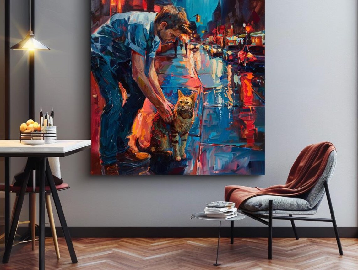 Man Petting Cat On Rainy City Street Night Oil Painting Poster - Image 3