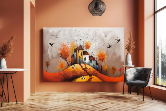 Whimsical Fairy Hill Village Autumn Folk Art Colorful Poster