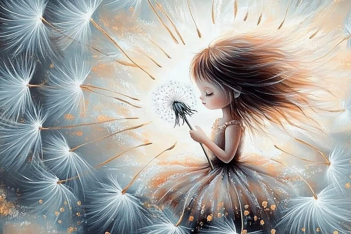 Girl Blowing Dandelion Seeds Dreamy Kids Room Wish Art Poster - Image 2