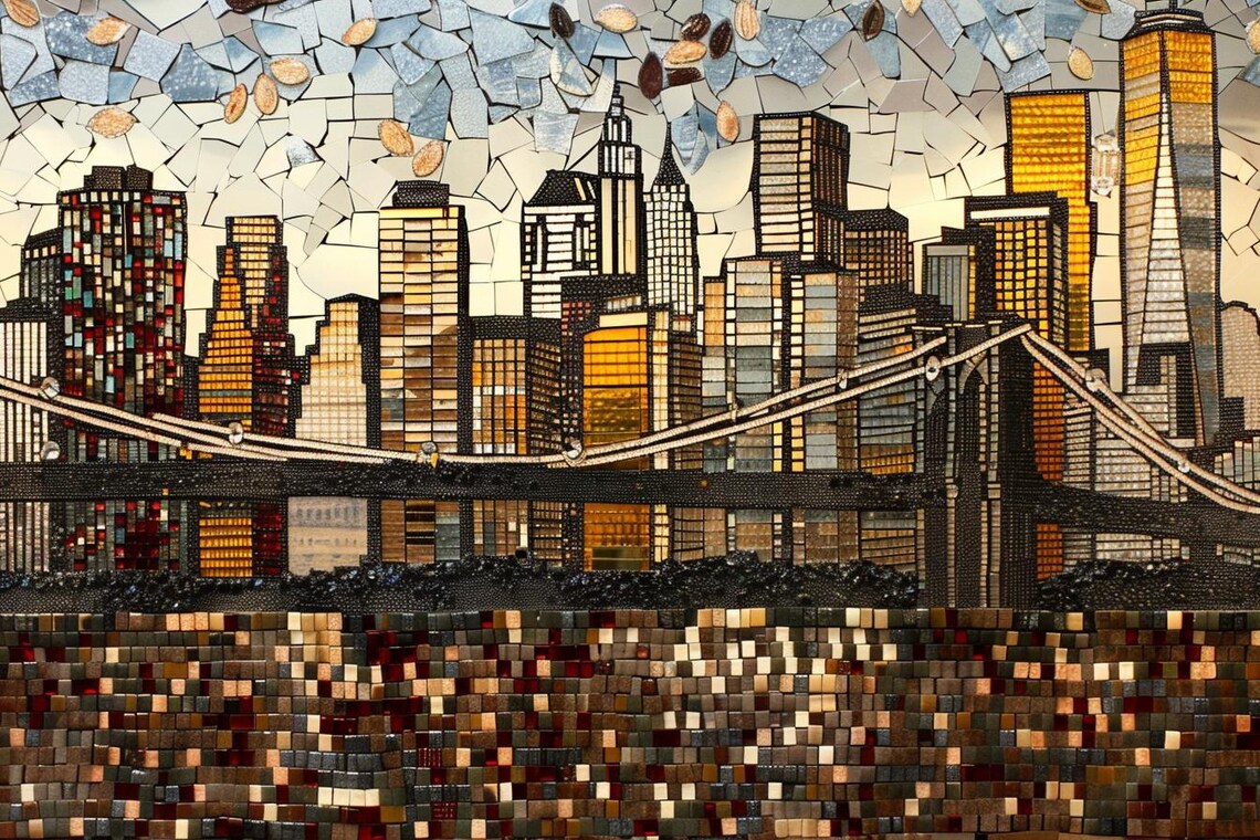 New York City Skyline With Bridge Mosaic Tile Style Art Poster - Image 3