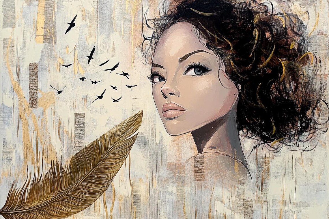 Woman With Voluminous Curly Hair Gold Feather And Birds Poster - Image 2