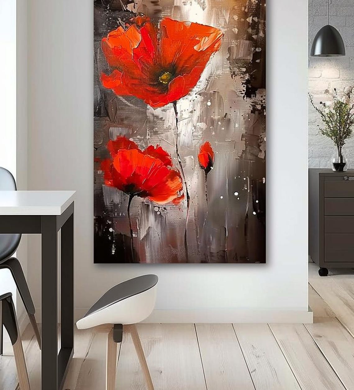 Red Poppies On Grey Textured Abstract Floral Modern Art Poster - Image 3