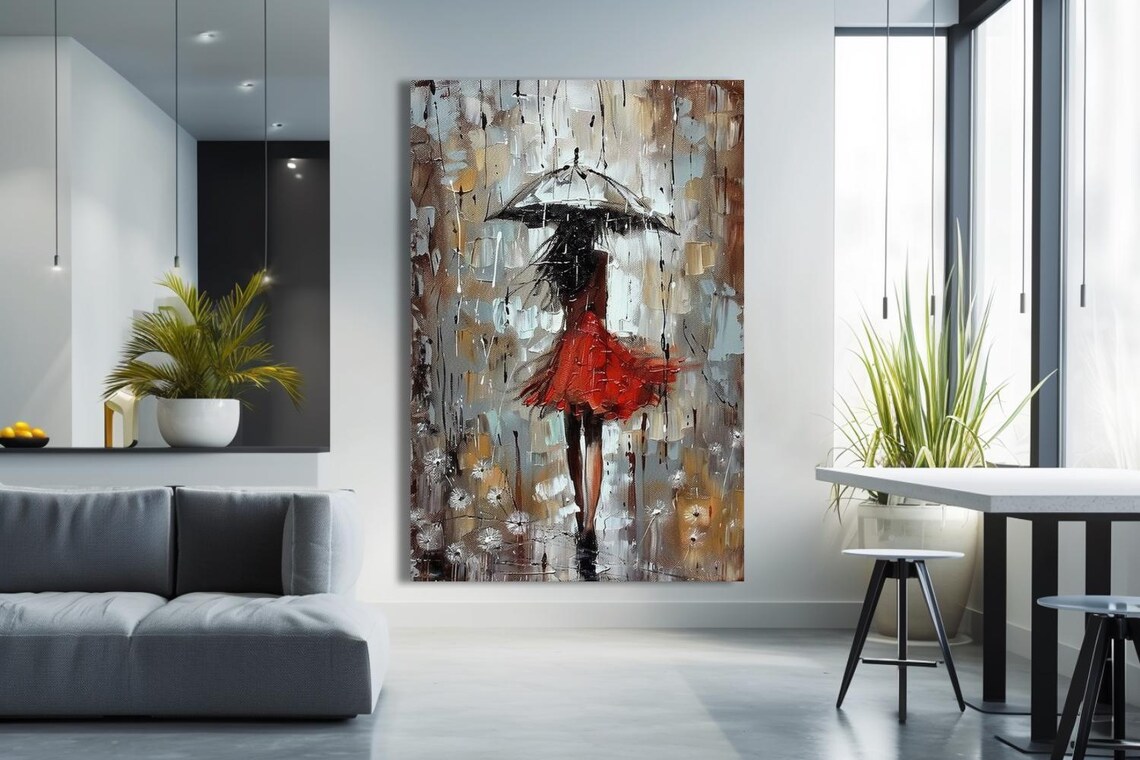 Woman in Red Dress with Umbrella in the Rain Painting Poster