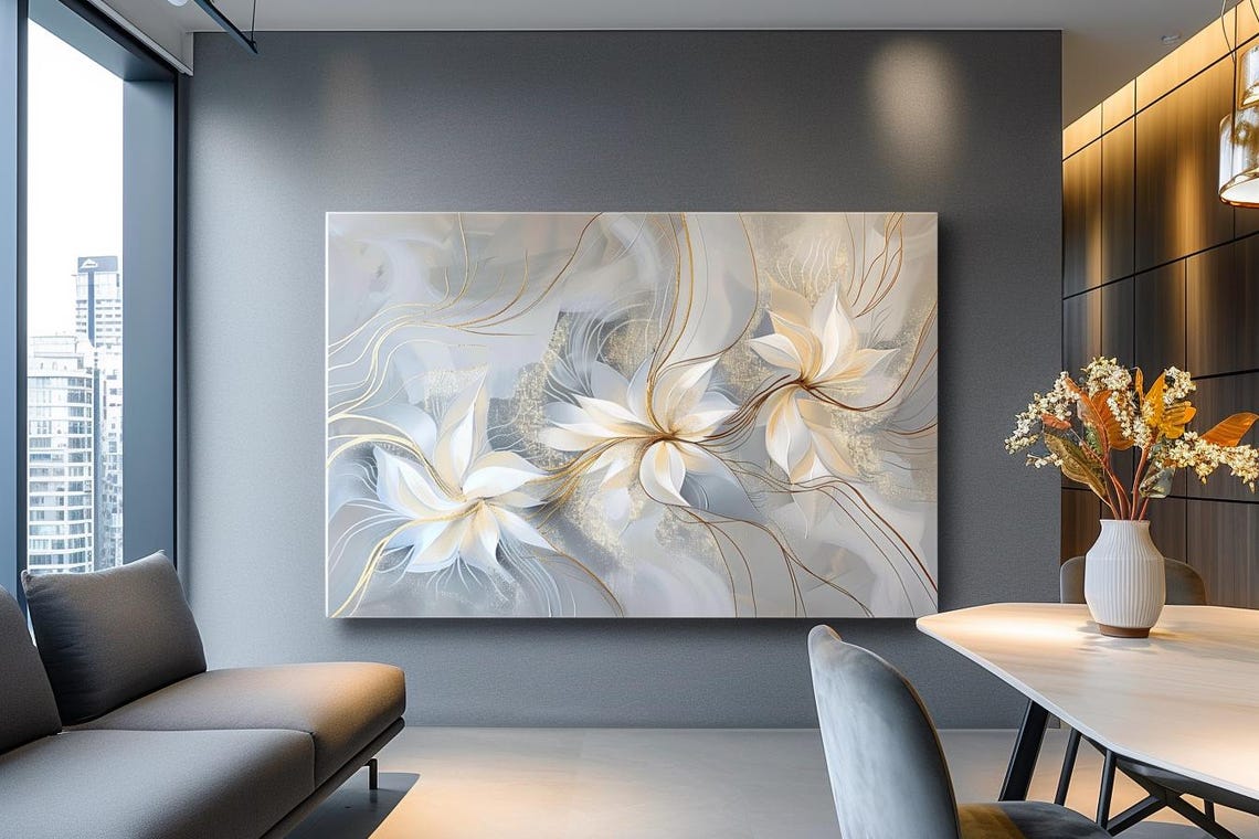 Elegant White Flowers With Delicate Gold Lines Abstract Poster - Image 3