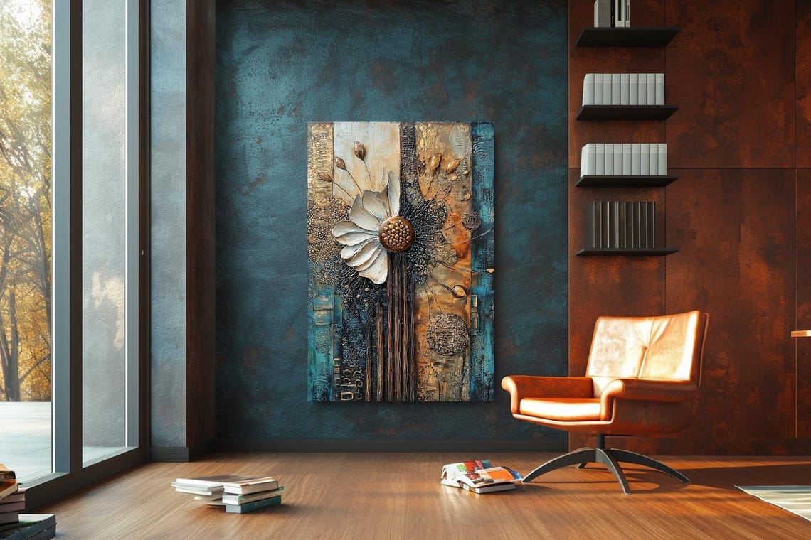 White Daisy Flower Gold Center Teal Rust Abstract Floral Poster - Image 3