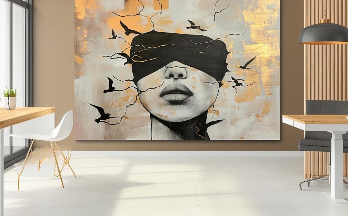 Blindfolded Woman With Flying Birds Gold Abstract Face Poster - Image 2