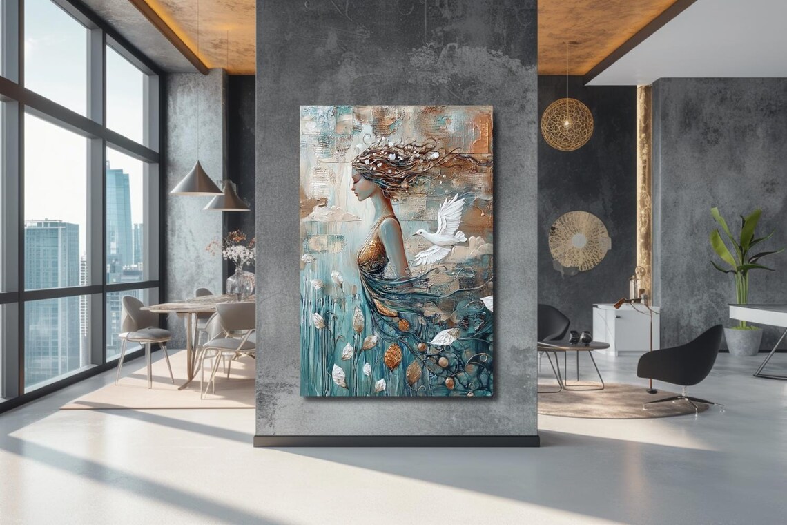 Woman In Flowing Teal Dress With White Dove Among Tall Reeds Poster - Image 3