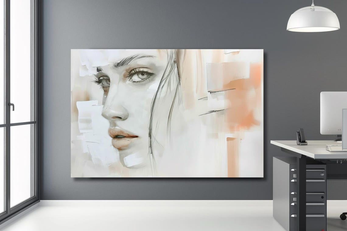 Minimalist Woman Profile In Soft White And Peach Brushwork Poster - Image 3