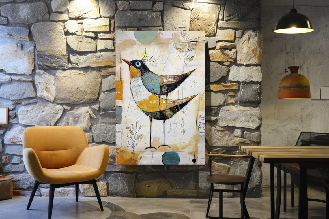 Path Of Two Colorful Folk Art Bird Abstract Painting Art Poster