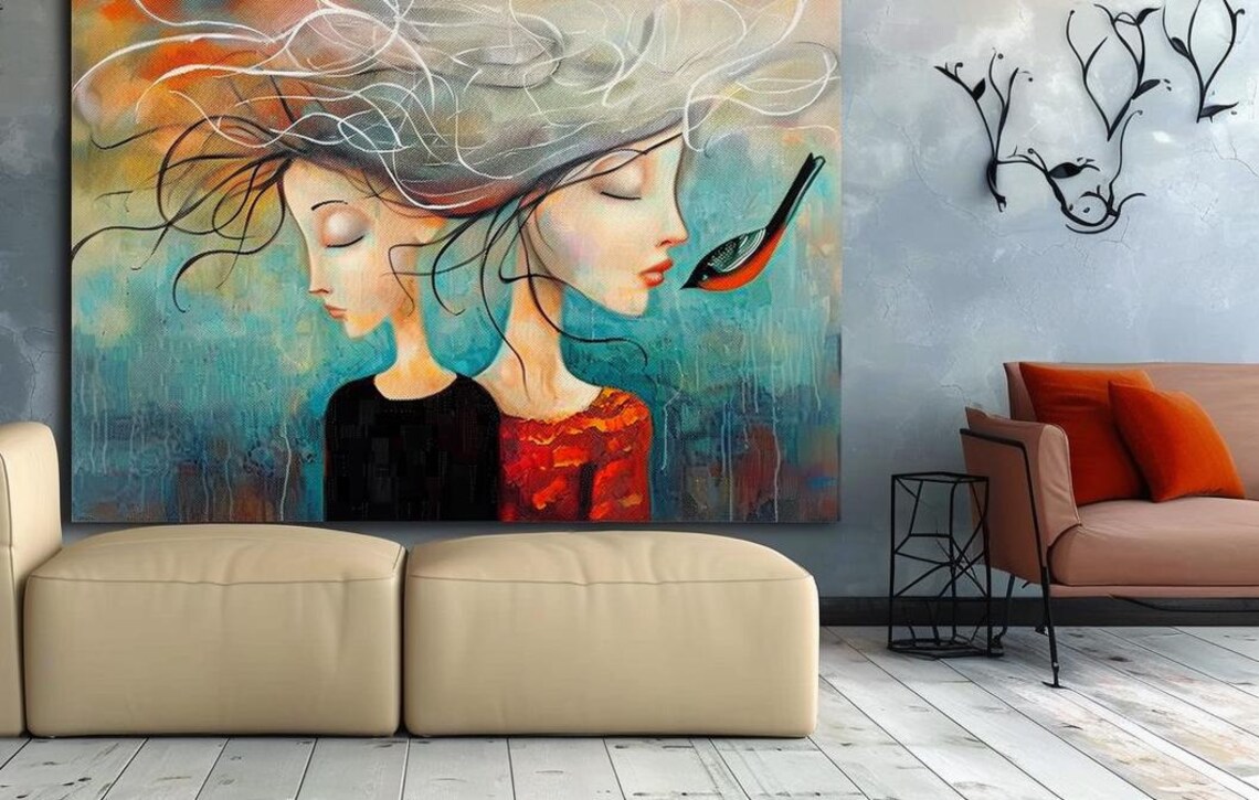 Double Portrait Of Two Women Merging With Bird Teal Art Poster