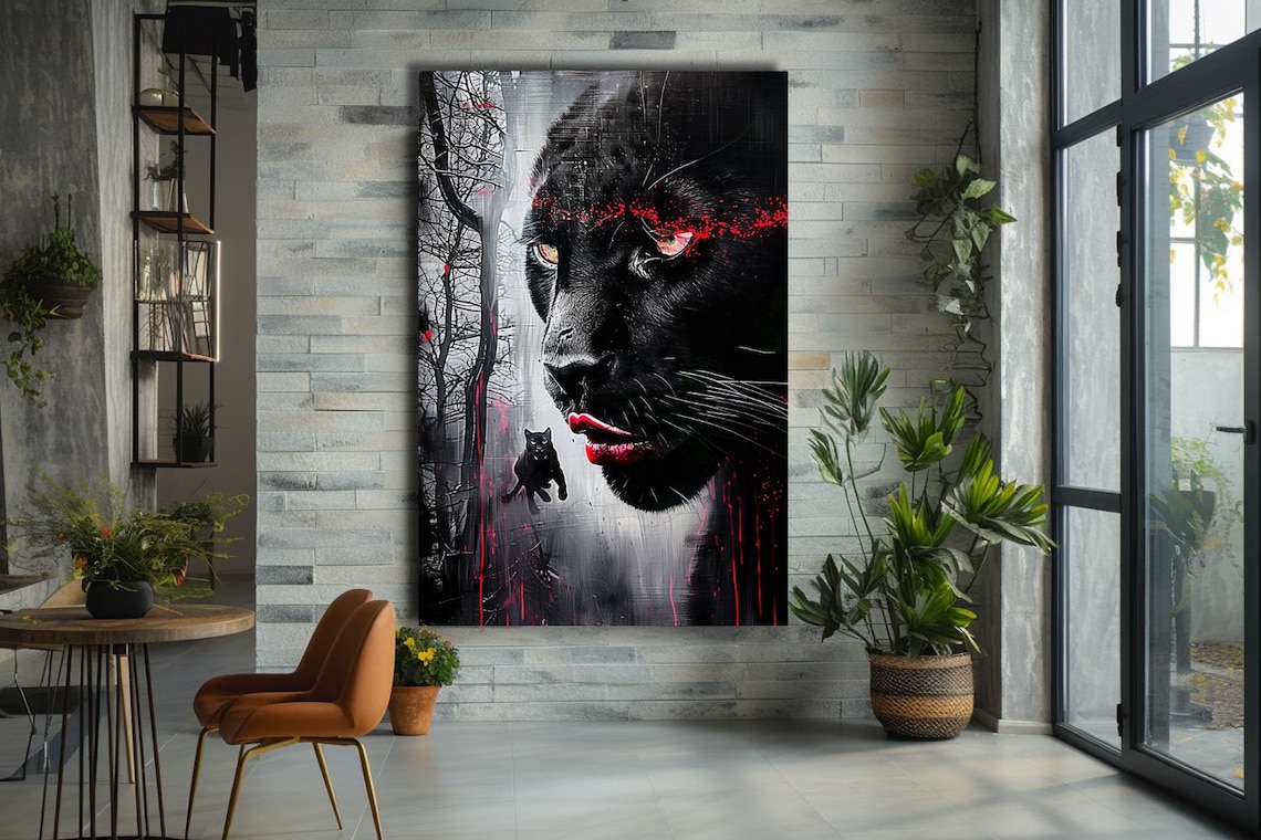 Black Panther Face Close Up With Red Drips And Small Cat Poster