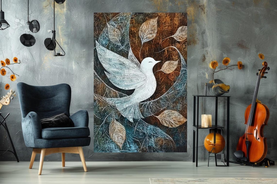 White Dove Among Autumn Leaves Symbol Of Hope Decorative Poster