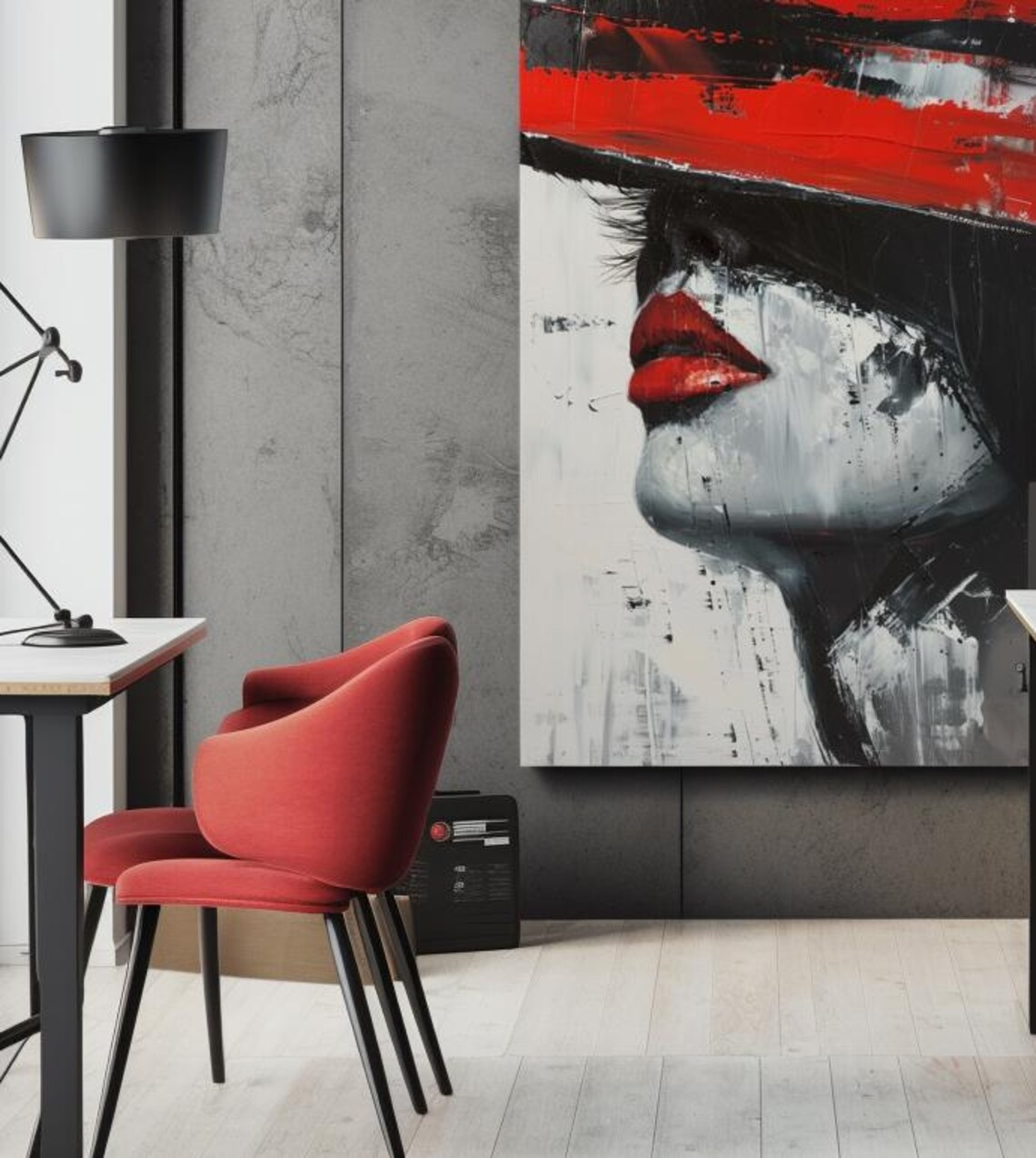Woman In Red Wide Brim Hat Red Lips Abstract Portrait Poster