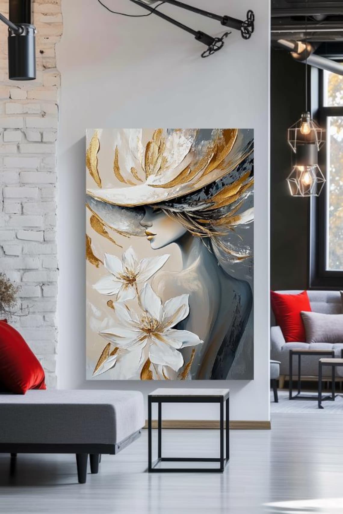 Golden Woman In Wide Brim Hat With White Flowers Painting Poster - Image 2