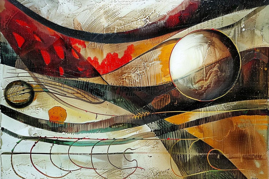 Abstract Space Harmony With Swirling Orbs In Red And Ochre Poster - Image 2