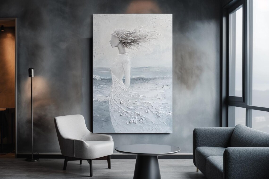 Windblown Woman In Flowing White Gown By The Sea Monochrome Poster