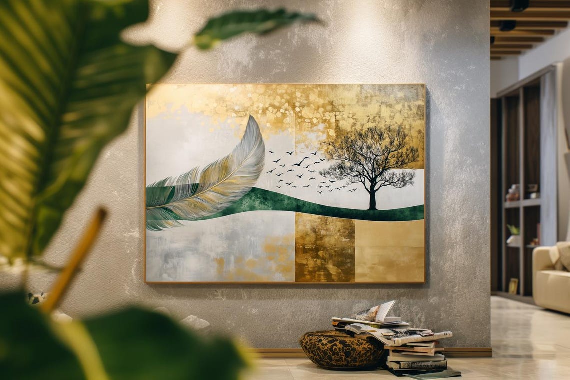 Curves Feather Tree And Birds Gold Green Abstract Art Poster