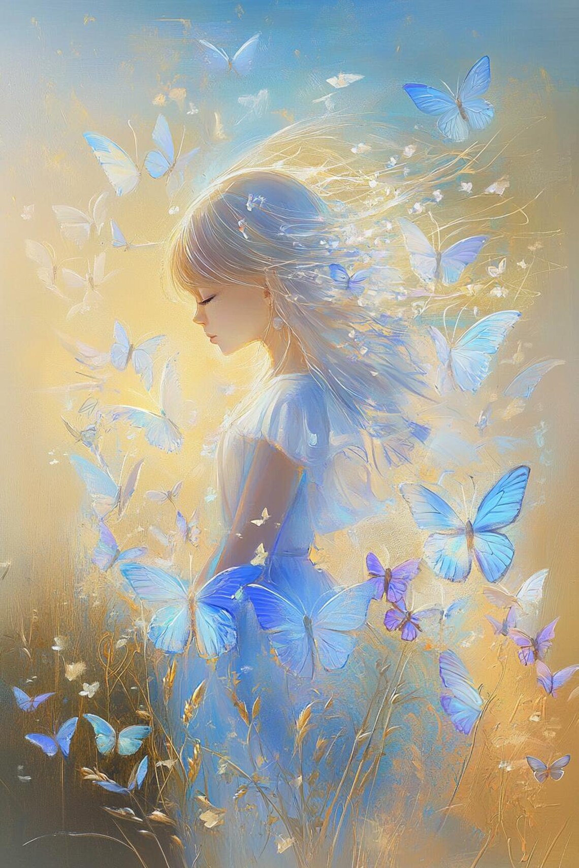Dance Of Butterflies Girl Surrounded By Blue Butterflies Poster - Image 2