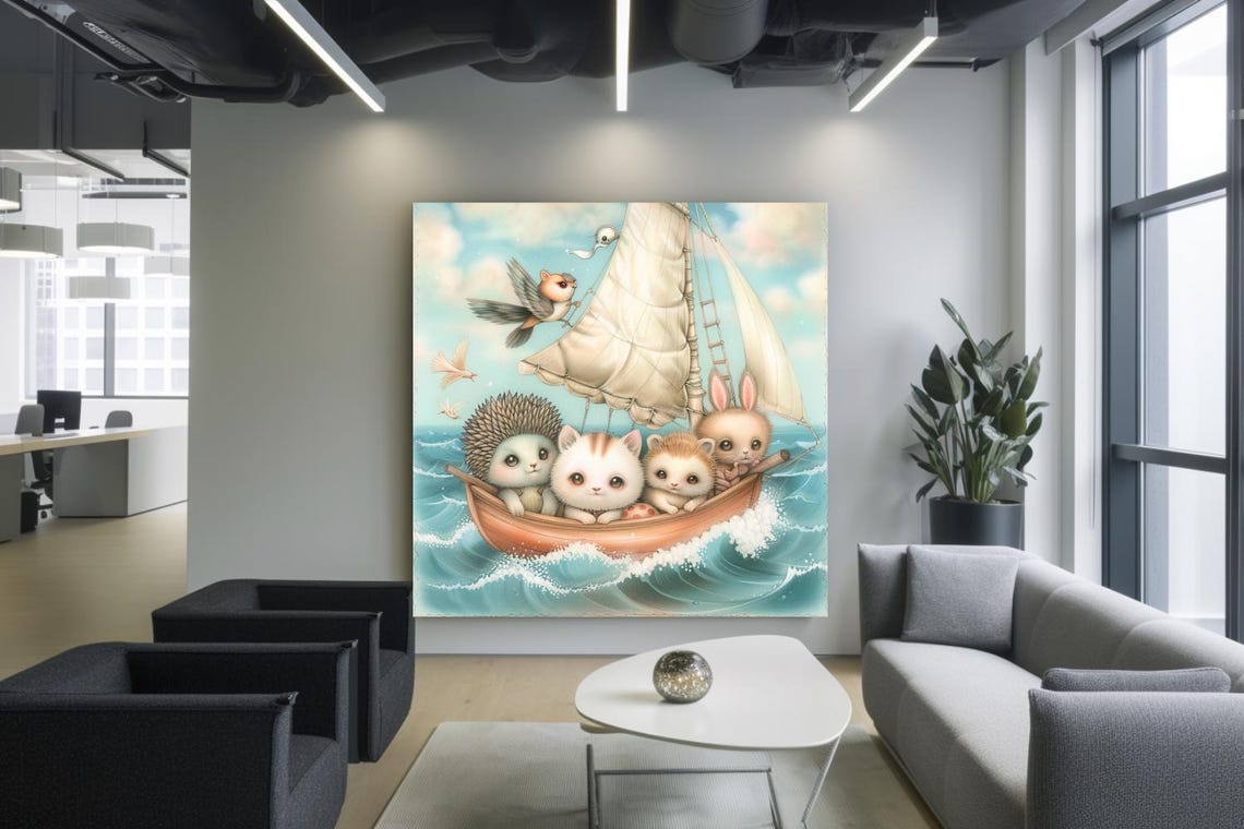 Four Cute Baby Animals Sailing In A Boat Sweet Nursery Art Poster - Image 3