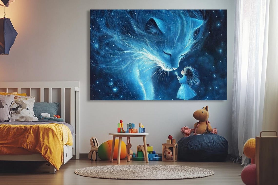 Giant Blue Star Cat Spirit Over Tiny Girl In Night Sky Poster - Image 3