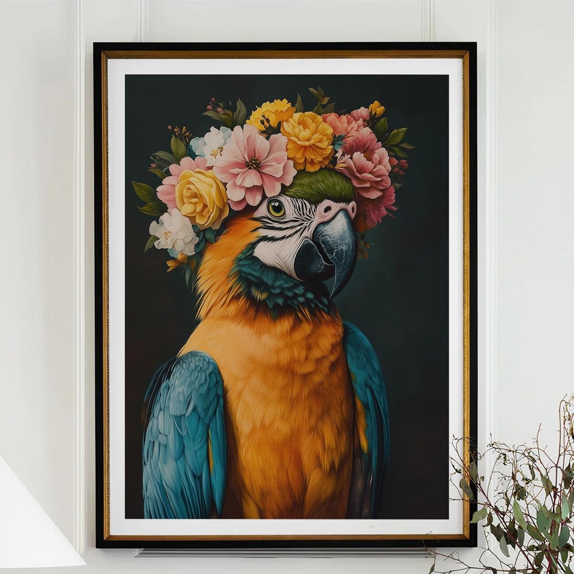 Bright Blue and Gold Macaw Wearing Floral Crown on Dark Art Poster