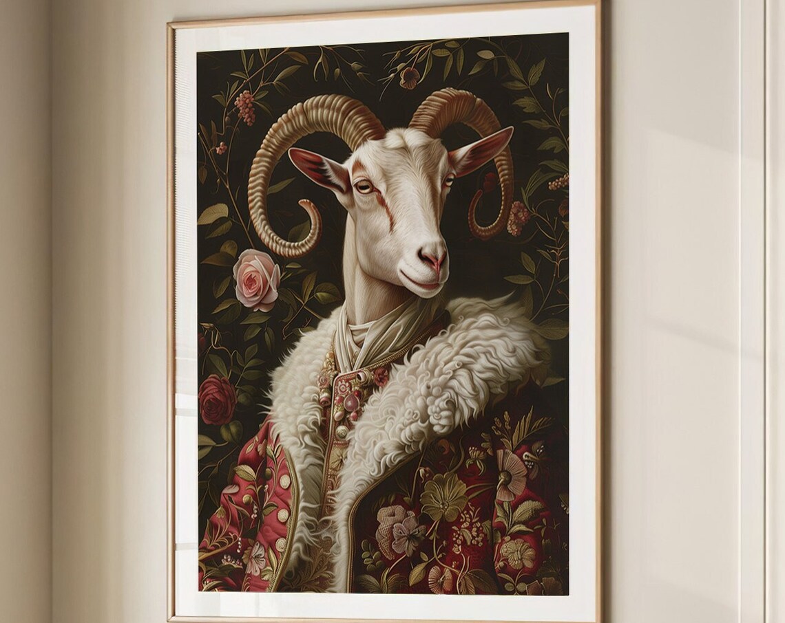 Ram With Curled Horns in Royal Red Coat Baroque Portrait Poster