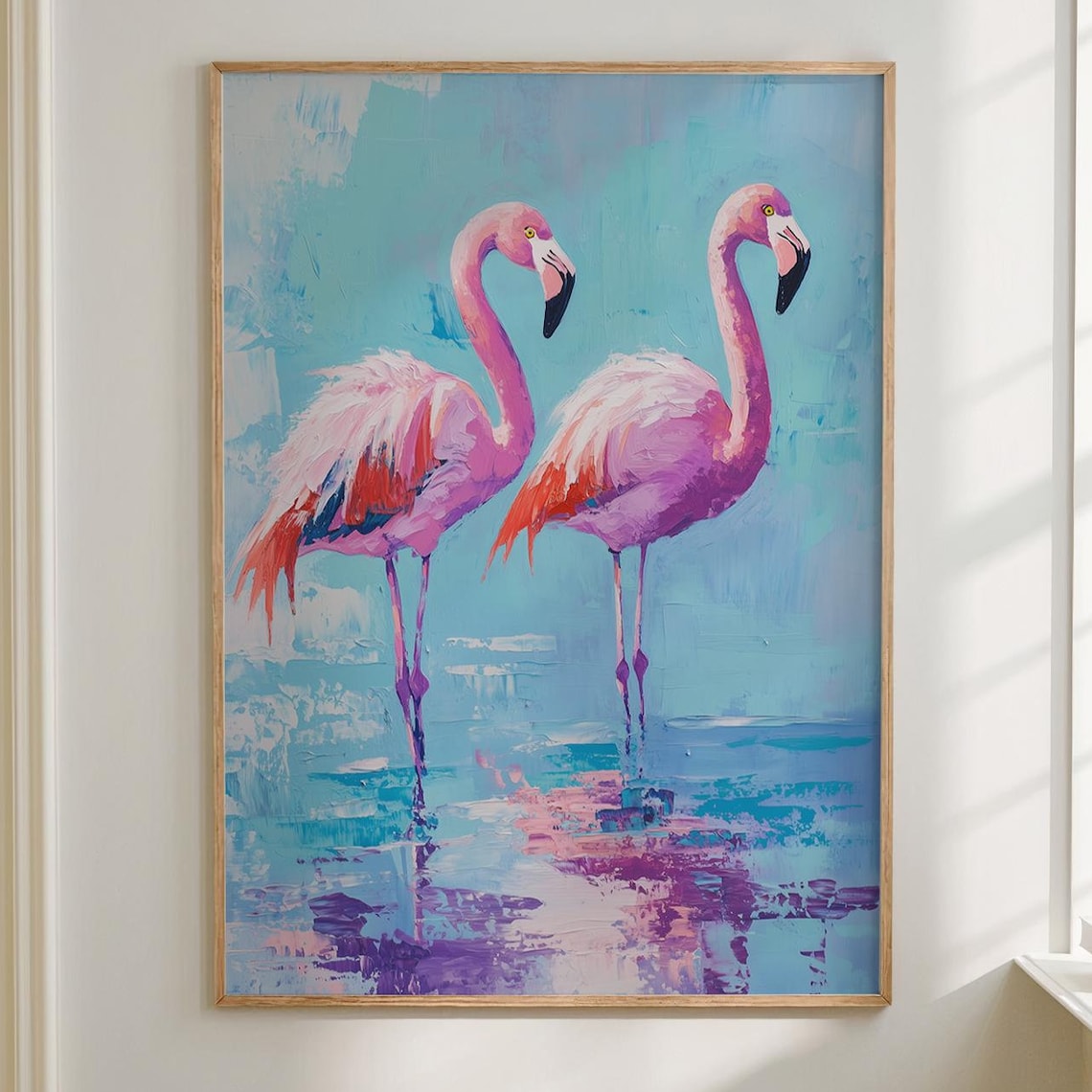 Pink Flamingos Pair Turquoise Water Modern Painterly Art Poster