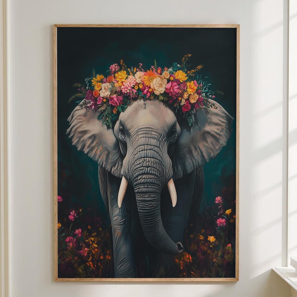 Majestic Elephant Wearing Flower Crown on Dark Teal Botanical Poster
