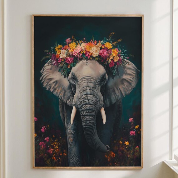 Majestic Elephant Wearing Flower Crown on Dark Teal Botanical Poster