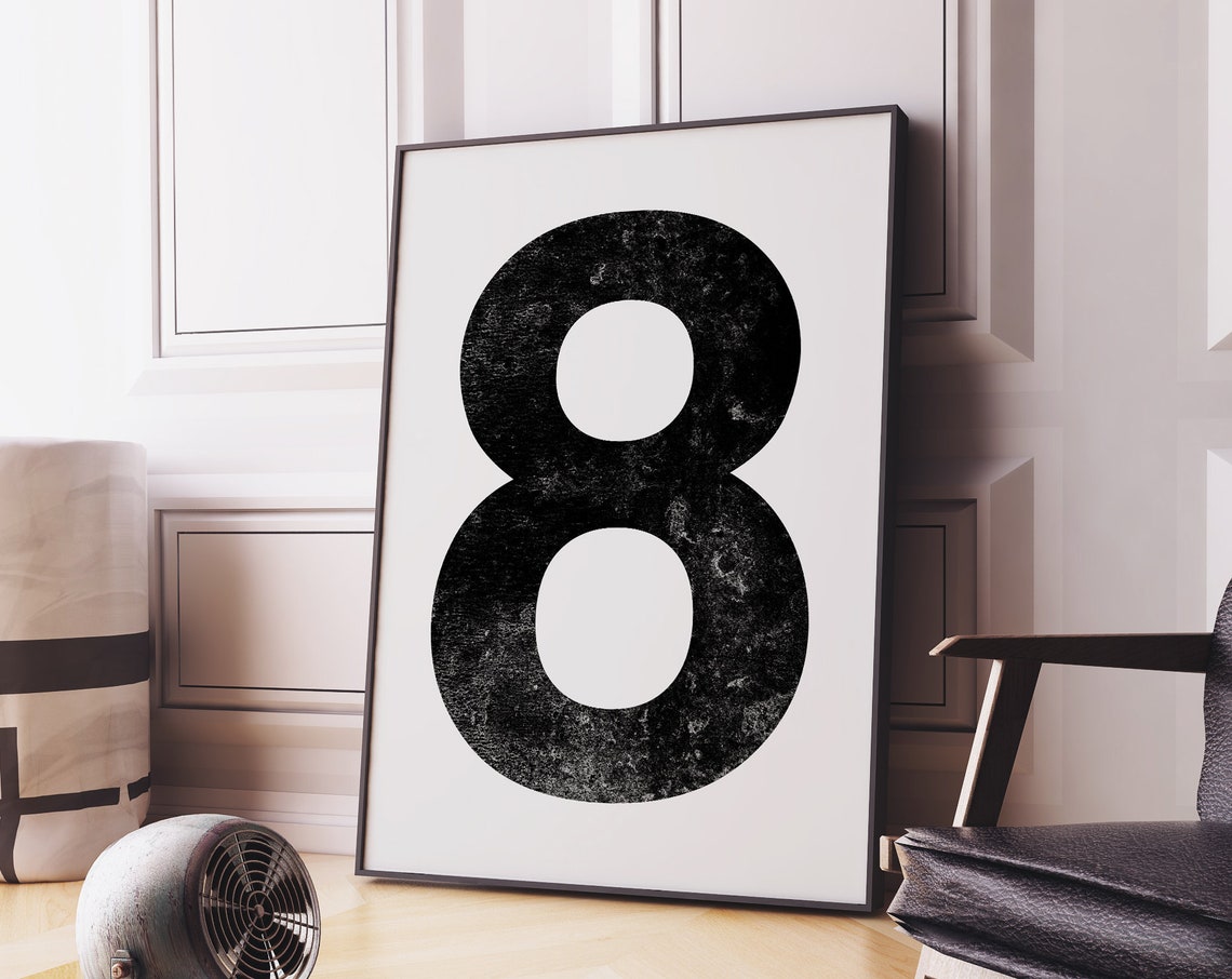 Vintage Distressed Number Eight Black White Typography Poster