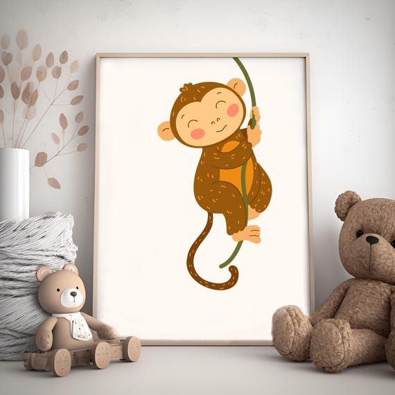 Swinging Monkey Nursery Poster Jungle Animal Wall Art For Kids Cute Safari Print Baby Room Decor