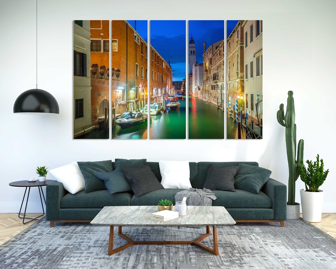 Venice Italy Canal At Night Boats Bell Tower Blue Hour Travel Poster - Image 2