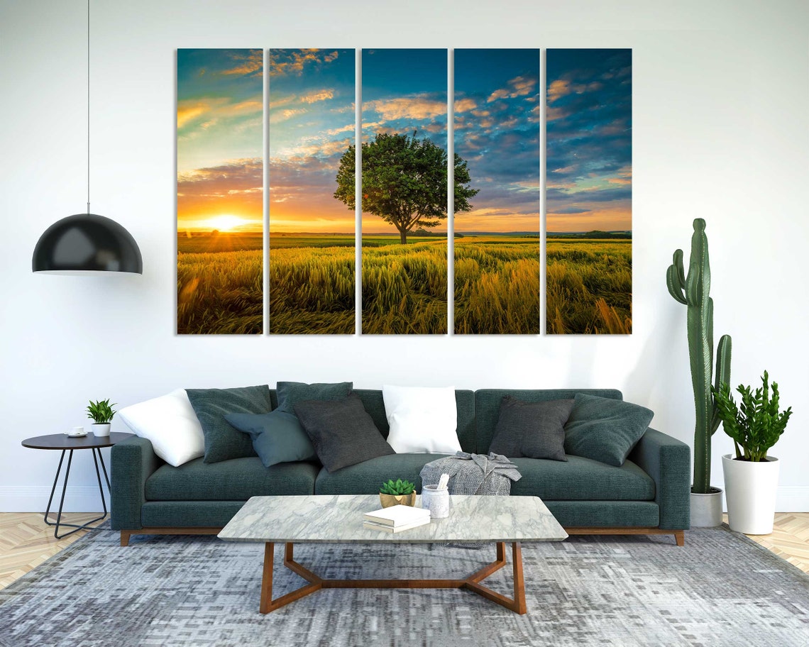 Lone Tree Golden Wheat Field Sunset Dramatic Clouds Nature Poster - Image 3