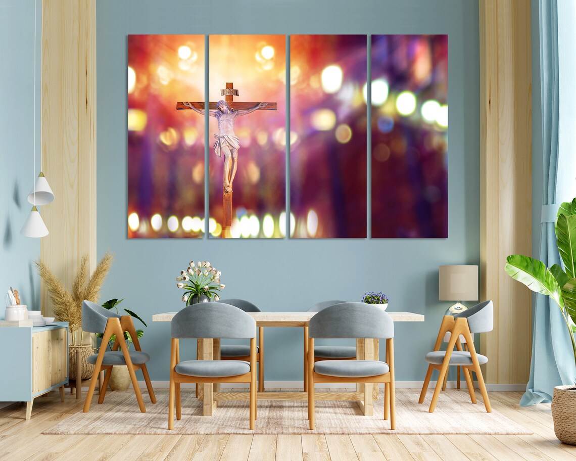 Jesus Christ on the Cross in Church Warm Bokeh Christian Art Poster - Image 2
