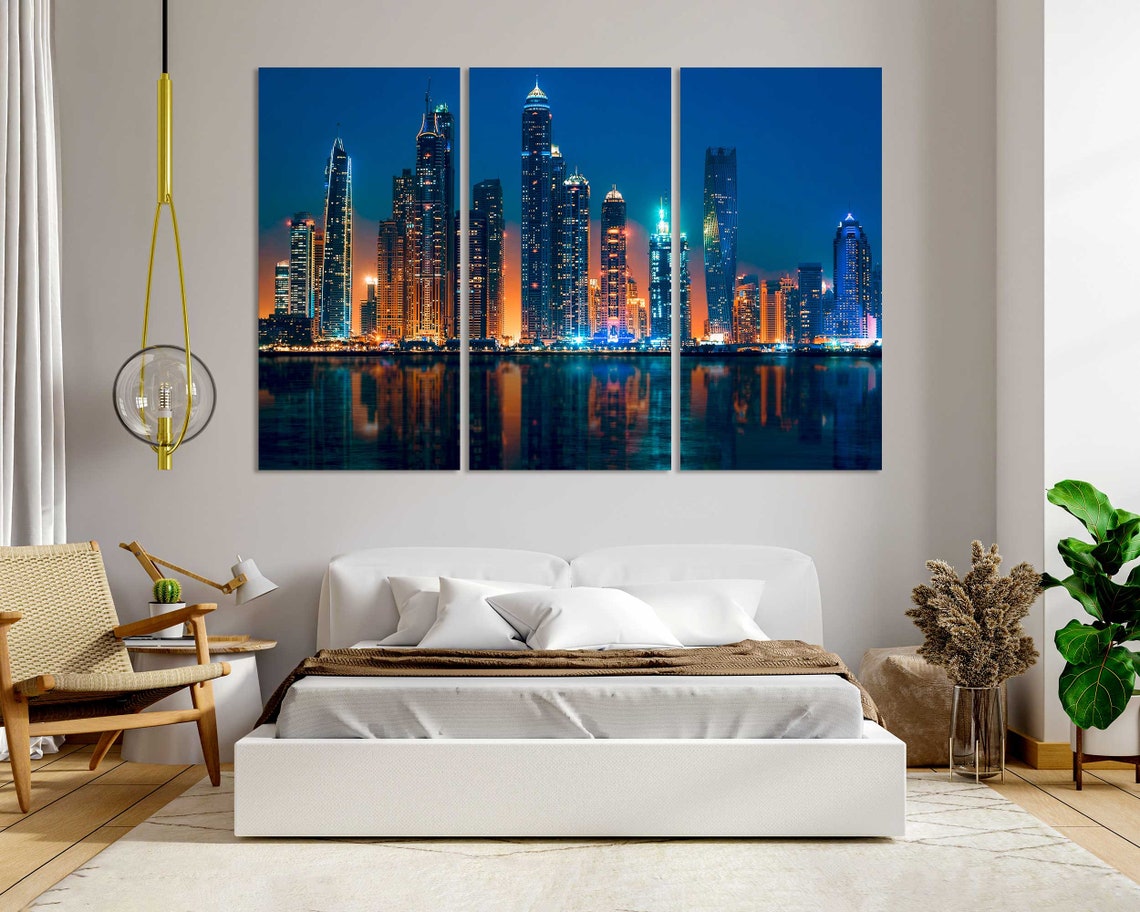 Dubai Marina Skyscrapers Night Lights Water Reflections City Poster