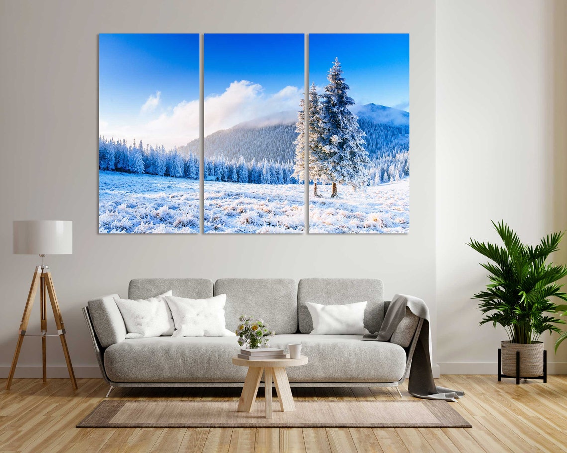 Snowy Winter Mountain Valley with Frosted Pines Blue Sky View Poster