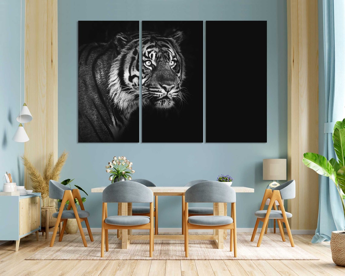 Black and White Tiger Face Dark Background Dramatic Wall Poster - Image 3