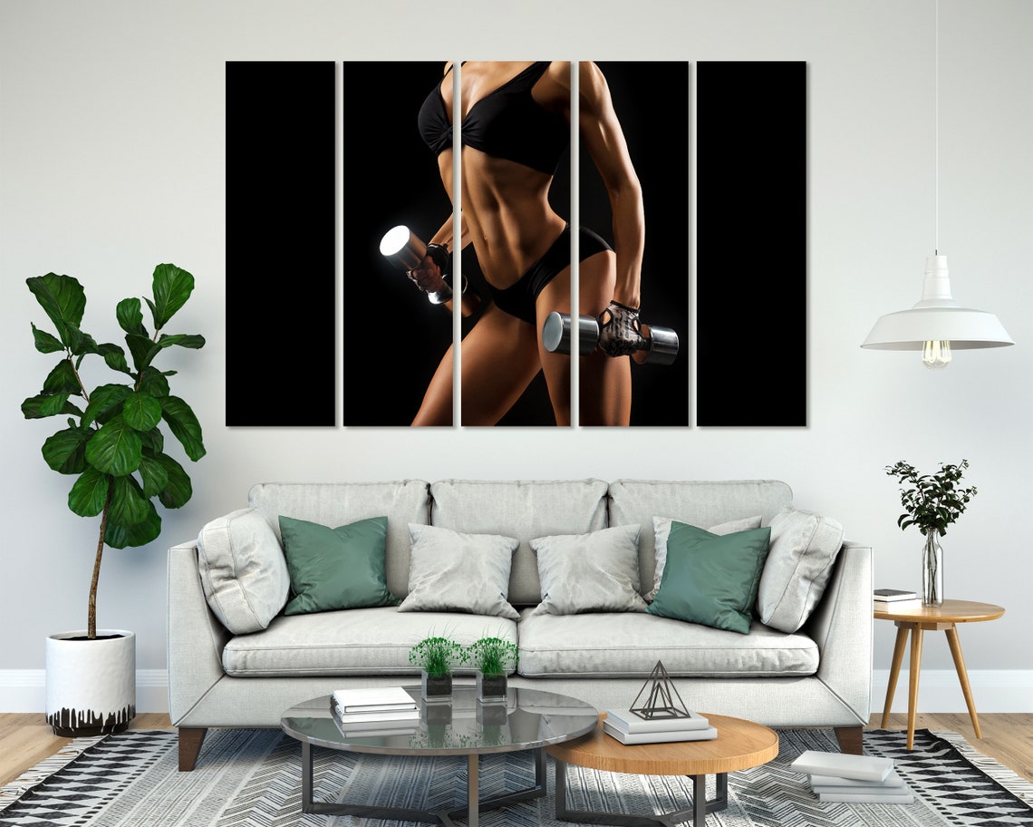 Strong Woman Holding Dumbbells Black Background Fitness Art Poster - Image 8