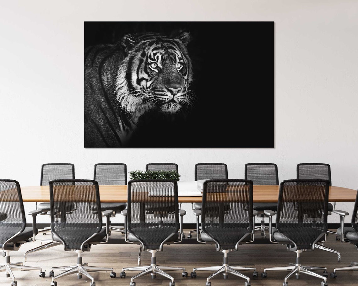 Black and White Tiger Face Dark Background Dramatic Wall Poster