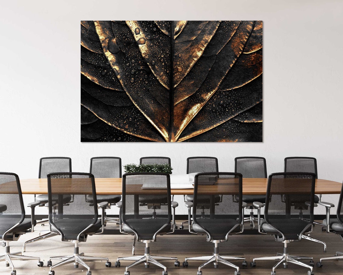 Golden Leaf With Water Droplets Dark Background Botanical Wall Poster - Image 4