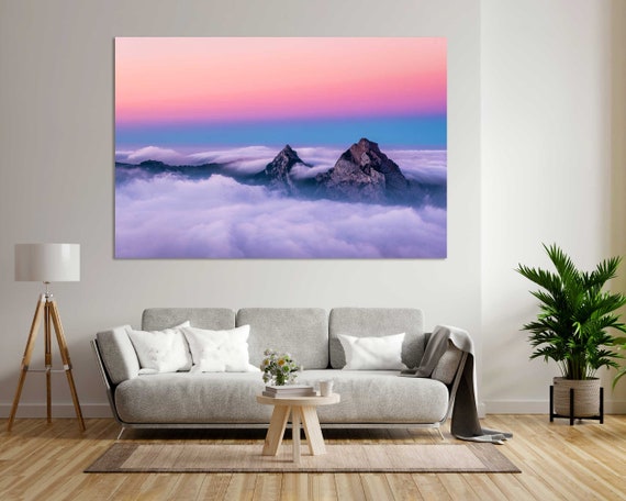 Foggy Mountains At Colorful Sky Background Painting Artwork For Wall Mountains Landscape Image Print On Colorful Sky Wall Art