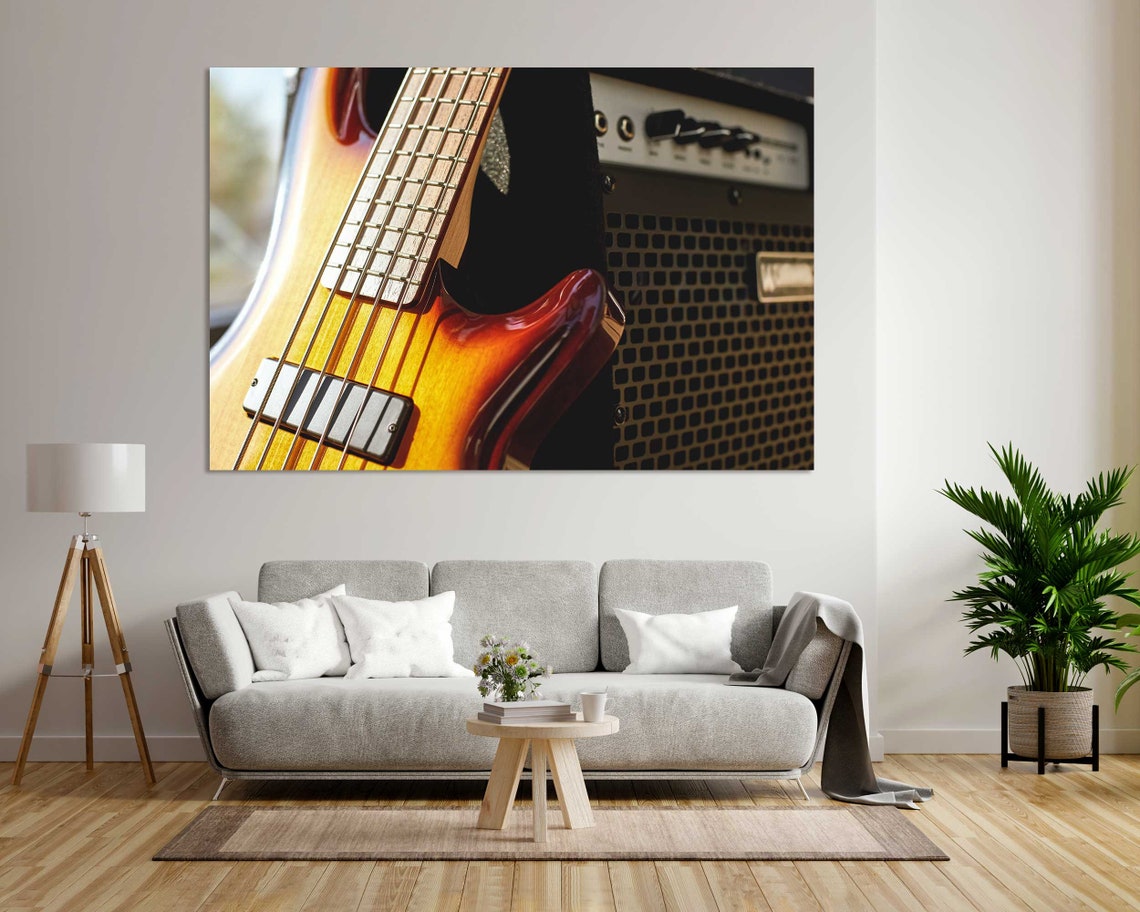 Sunburst Electric Bass Guitar Close Up Amplifier Music Room Poster