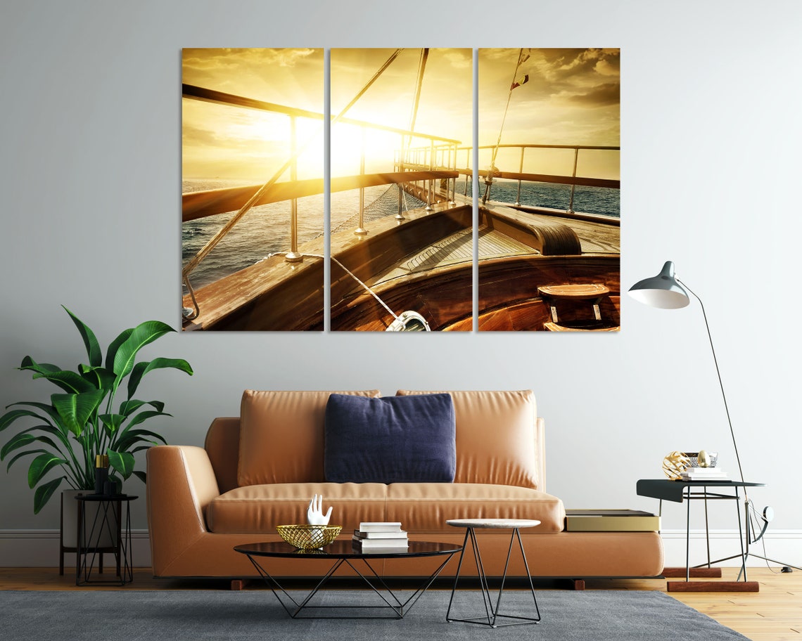 Wooden Sailboat Bow At Golden Sunset Over Open Sea Photo Poster - Image 8