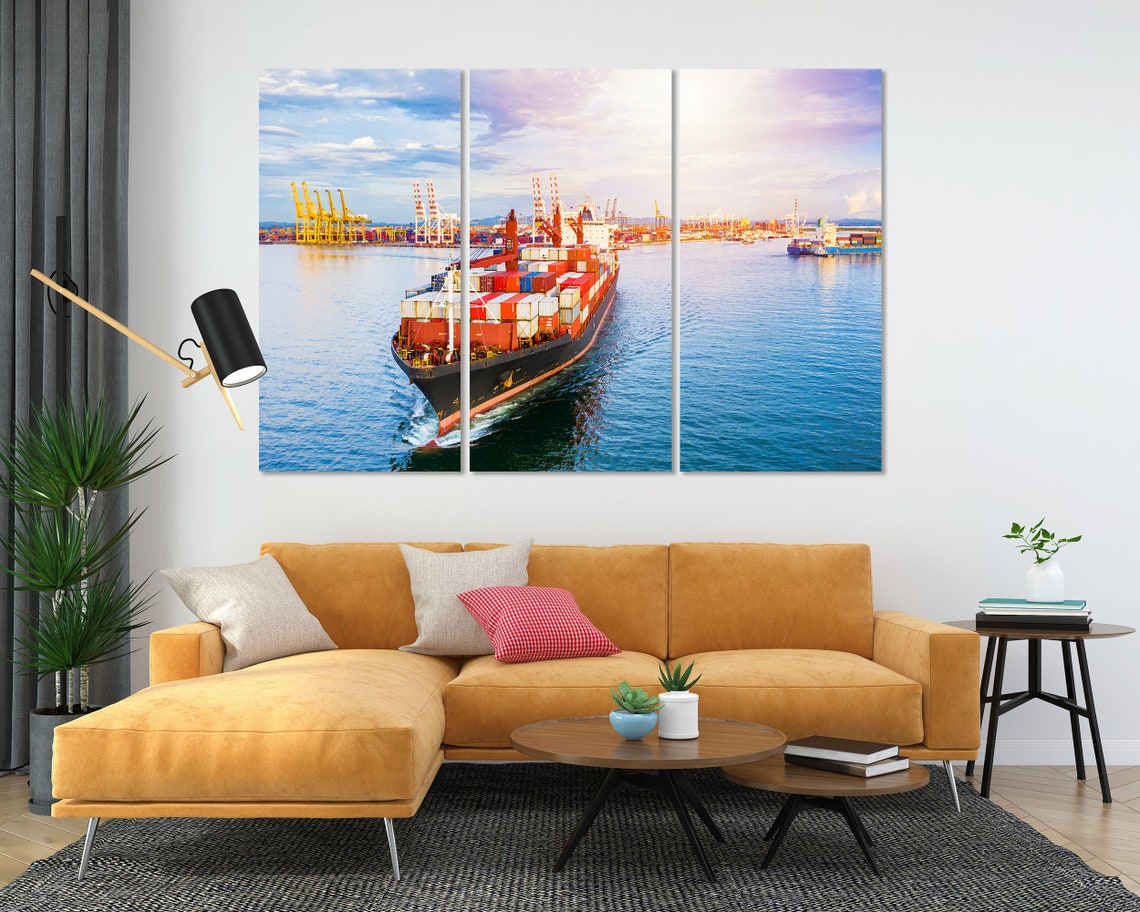 Container Cargo Ship Leaving Port Sunset Harbor Three Panel Poster - Image 5