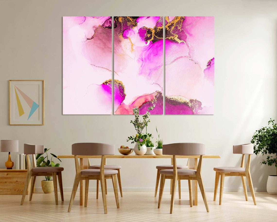Pink Magenta Gold Alcohol Ink Abstract Marble Swirls Wall Art Print