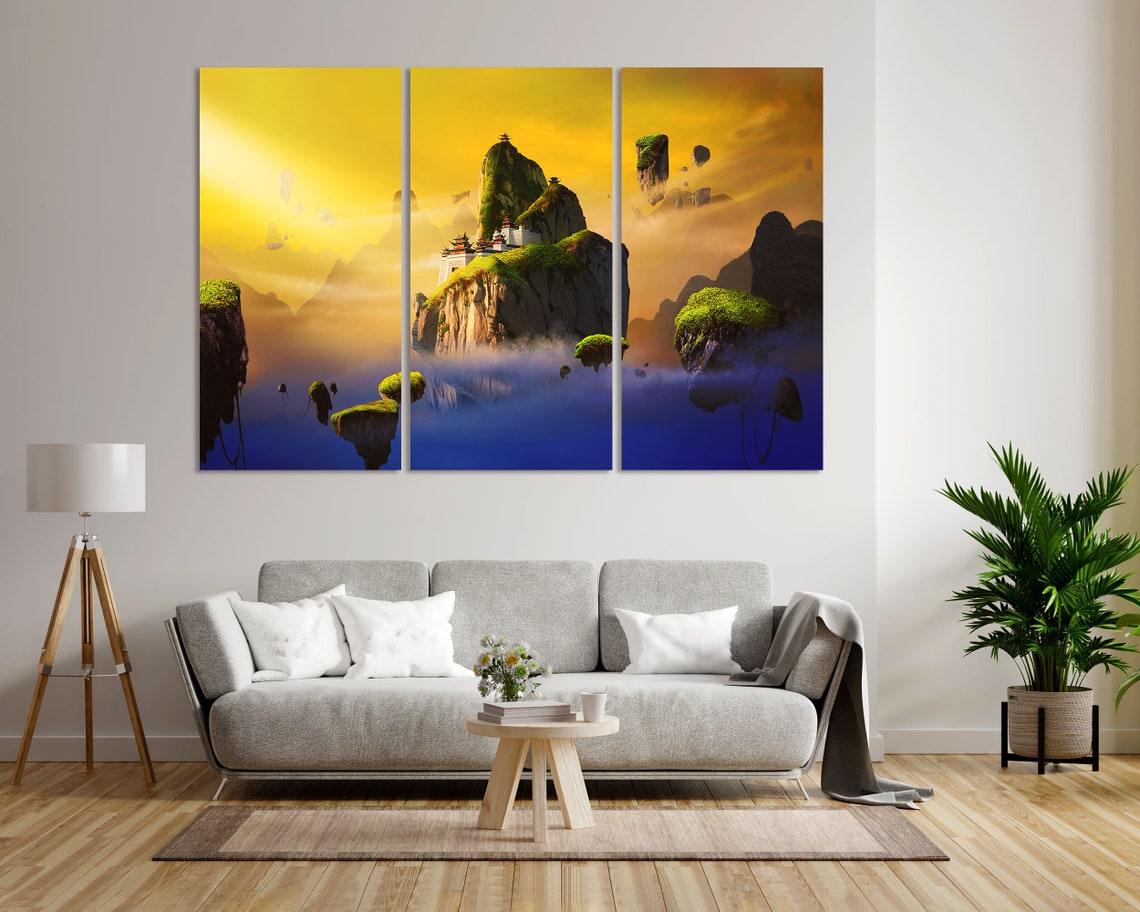 Chinese Fantasy Floating Islands Temple Golden Sunset Sky Art Print