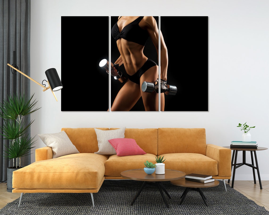 Women With Dumbbells Wall Decoration Gym Modern Art Wall Fitness Motivational Art Wall Woman Body Art On Dumbbells Photo Decor - Image 5