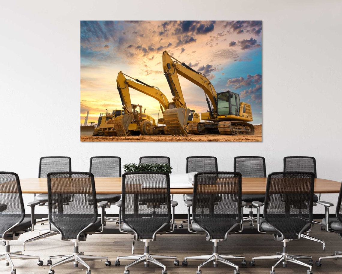 Yellow Excavators Construction Site Sunset Machinery Office Poster