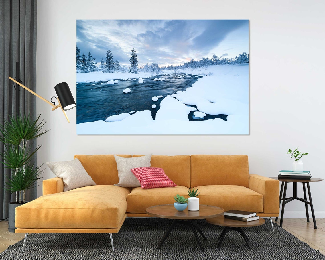 Snowy Winter River Winding Through Frozen Forest Landscape Poster - Image 4