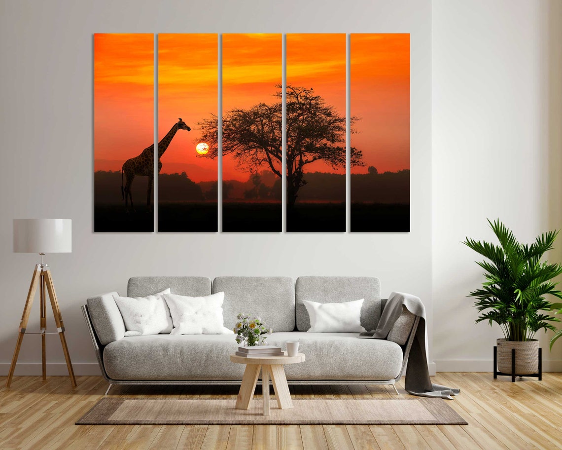 Giraffe Silhouette At Red Sunset With Acacia Tree Safari Poster - Image 6